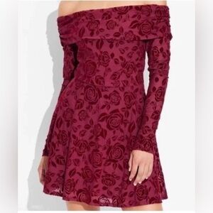 Women's Long Sleeve Flocked Mini Fit and Flare Dress Wild Fable Red Small New